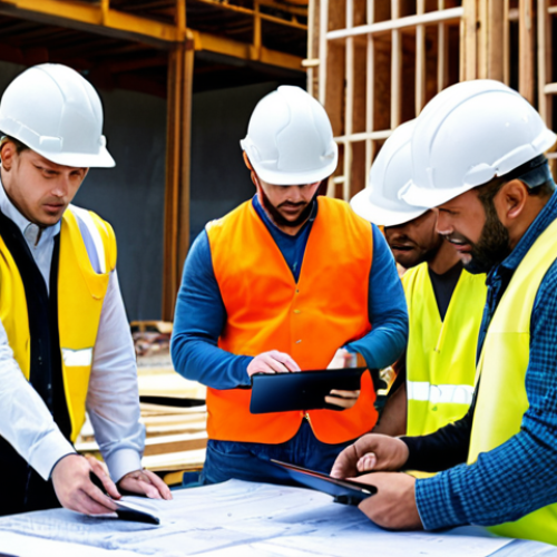 Home 15 **
A construction site bustling with activity. In the foreground, an engineer reviews blueprints with a diverse team. Focus on modern communication methods (tablets, video conferencing) and emphasis on high-quality materials being used. Show safety protocols being followed. The overall scene should convey meticulous planning and collaboration.
**