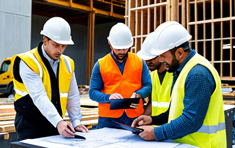 **

A construction site bustling with activity. In the foreground, an engineer reviews blueprints with a diverse team. Focus on modern communication methods (tablets, video conferencing) and emphasis on high-quality materials being used. Show safety protocols being followed. The overall scene should convey meticulous planning and collaboration.

**